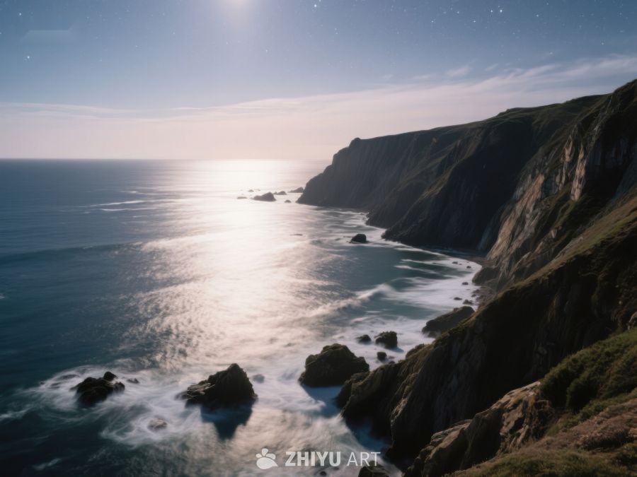 海岸悬崖与月光下的海景 22