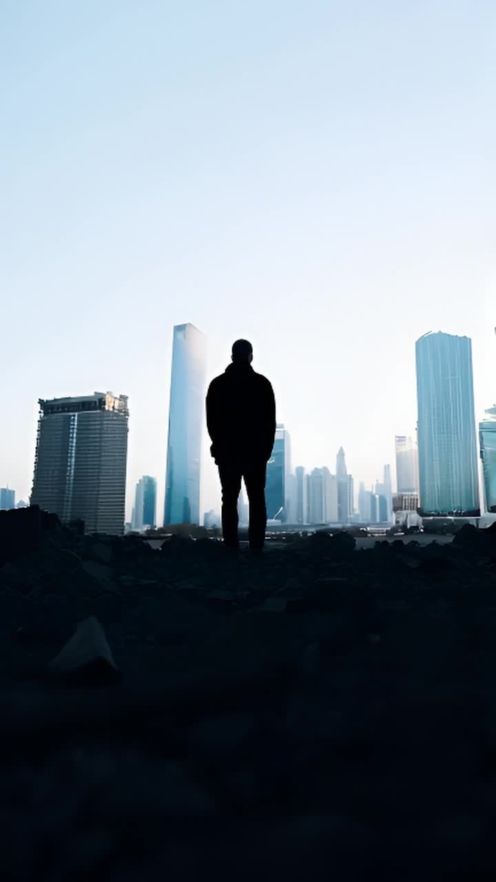 一个人形轮廓站在图像中心，周围是城市景观，城市中的