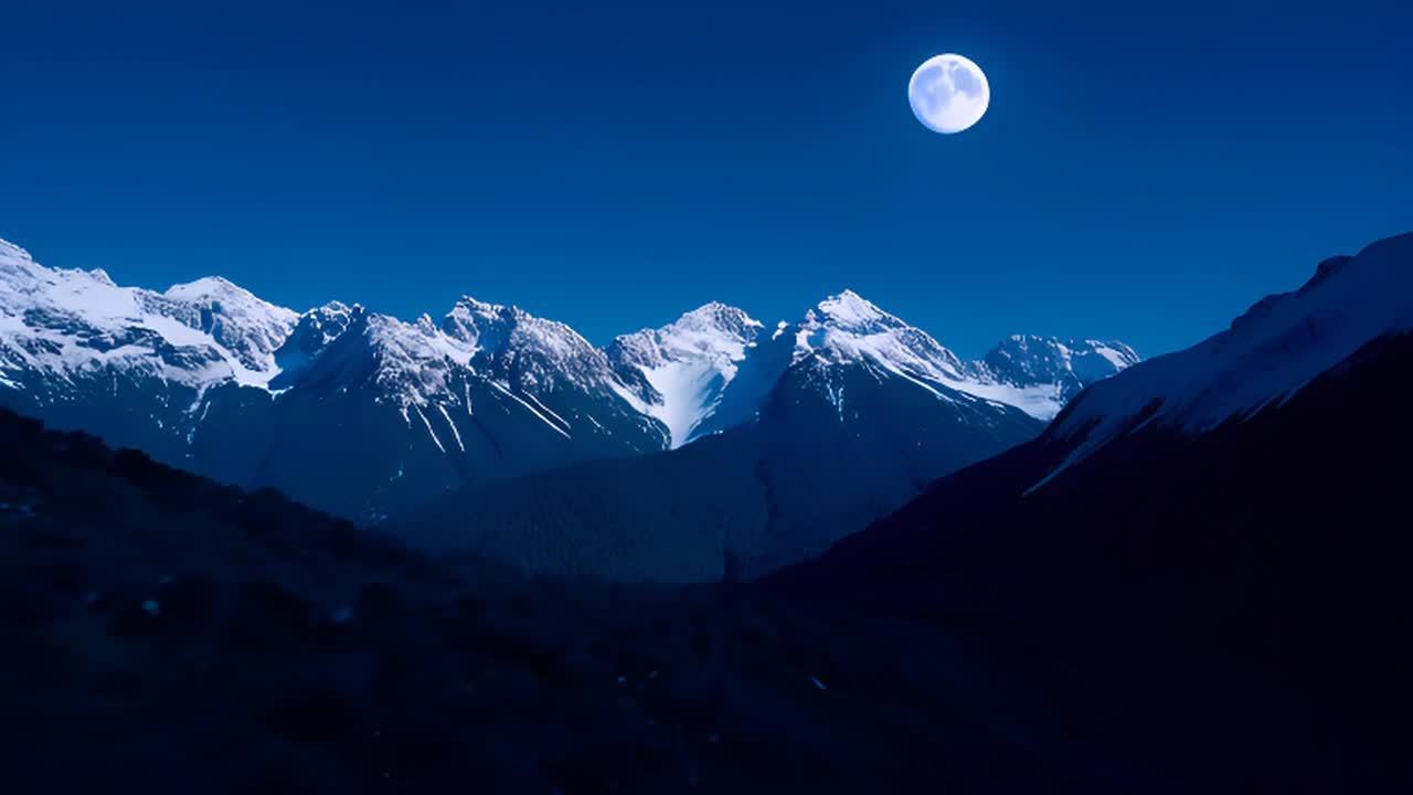 月光下，连绵的山脉横跨地平线。镜头在夜间景观中缓慢
