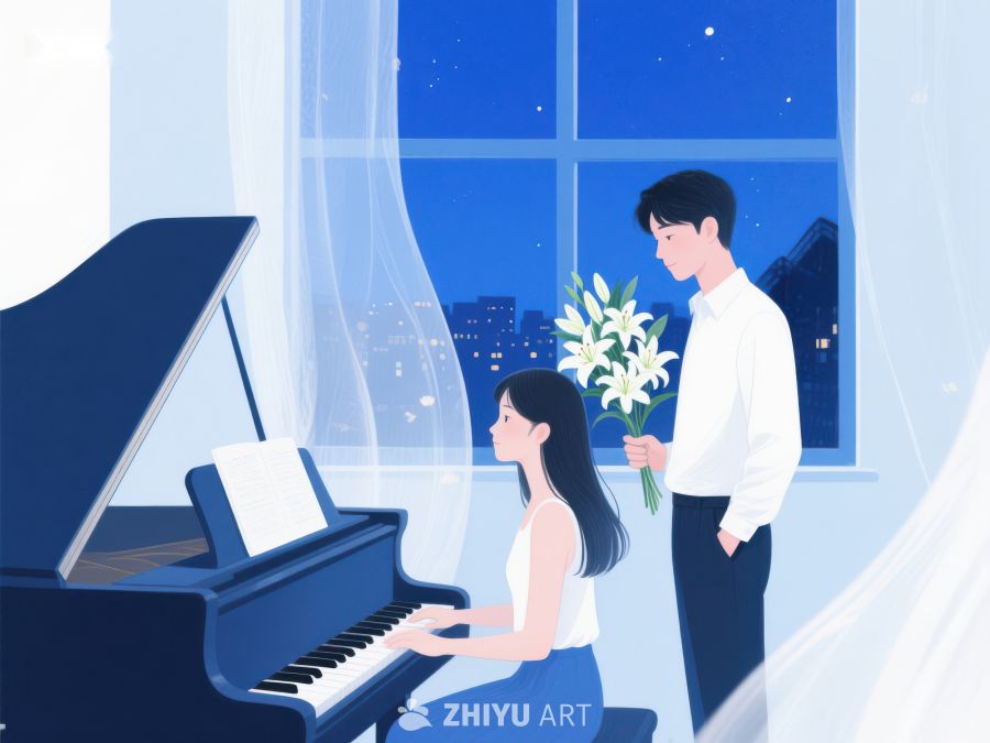 夜景窗前，钢琴与花的浪漫时刻 925
