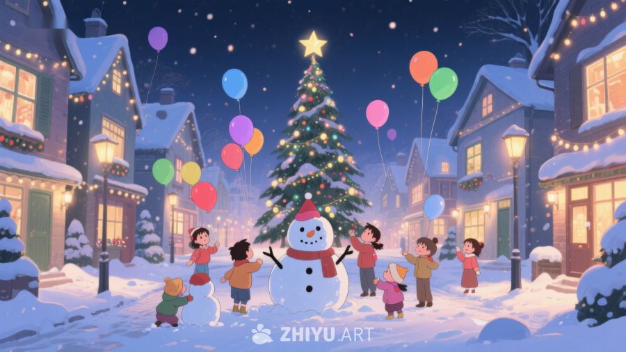 冬夜雪地里的欢乐圣诞场景 96