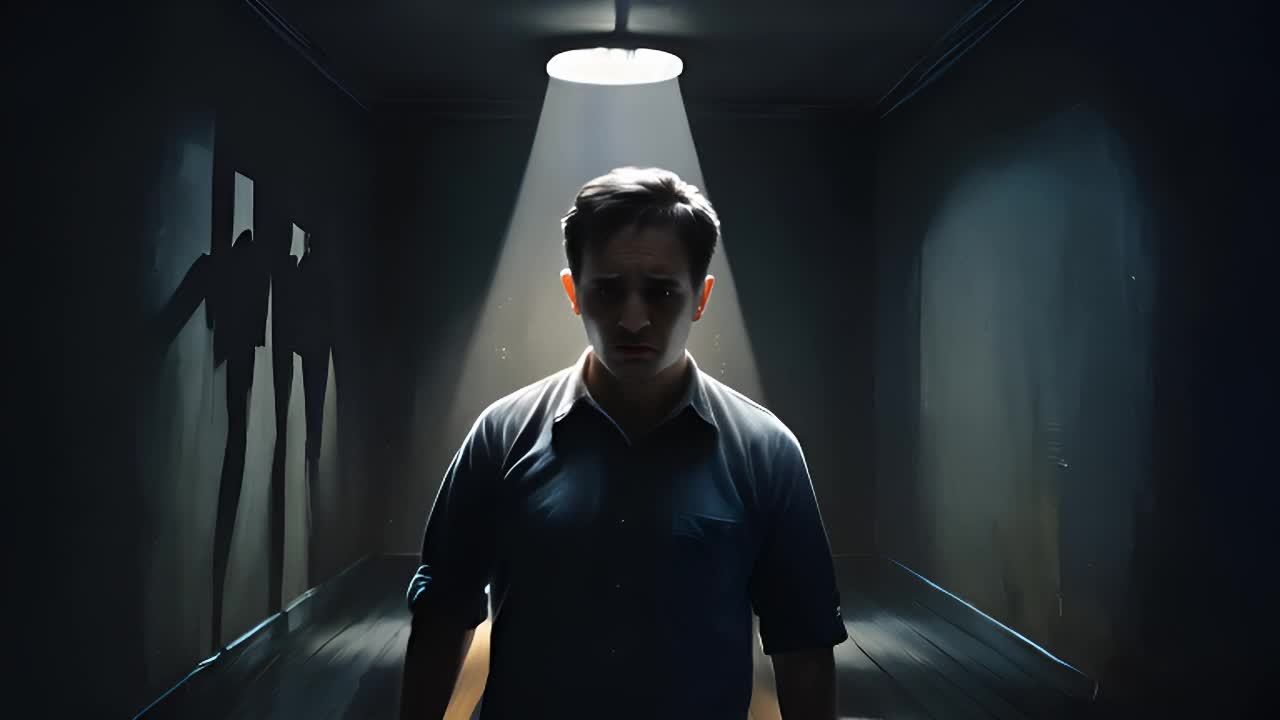 一个穿着蓝色衬衫的男人站在房间的中央，房间墙壁是深