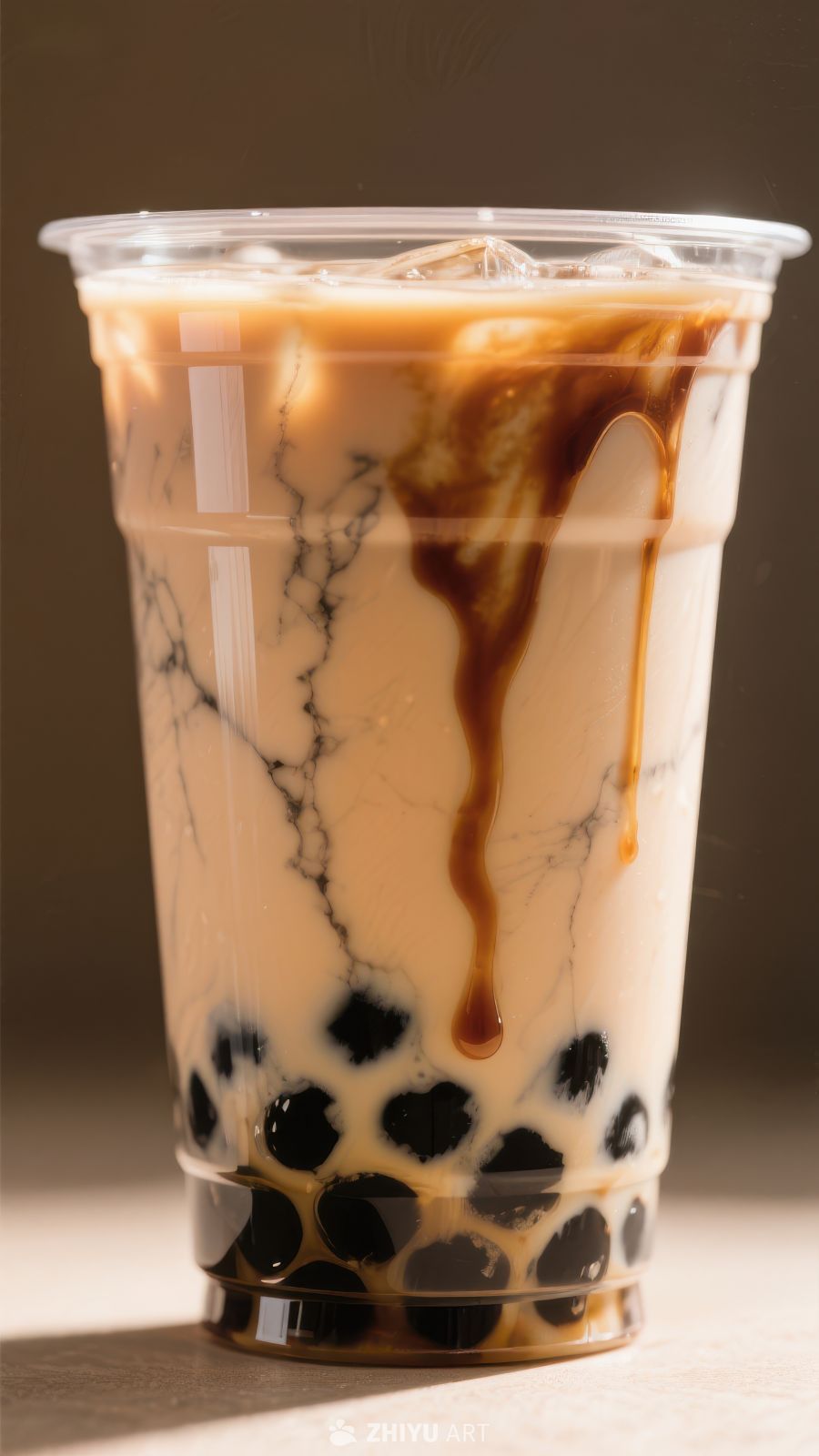 珍珠奶茶特写，冰块与焦糖酱点缀