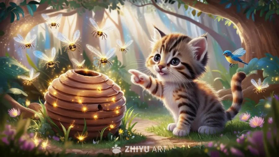 一只小猫指向一个蜂箱。蜂箱周围盘旋着一些发光的昆虫