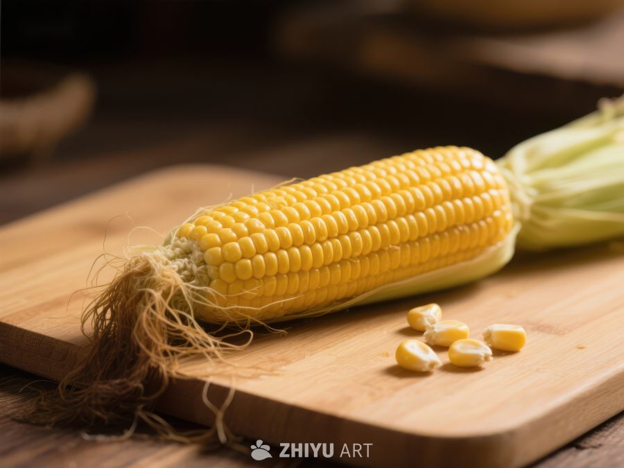 新鲜玉米棒置于木质砧板上 762
