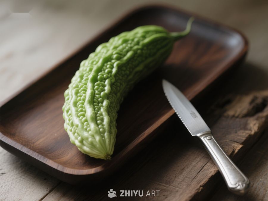 苦瓜置于木质托盘旁配刀具 205