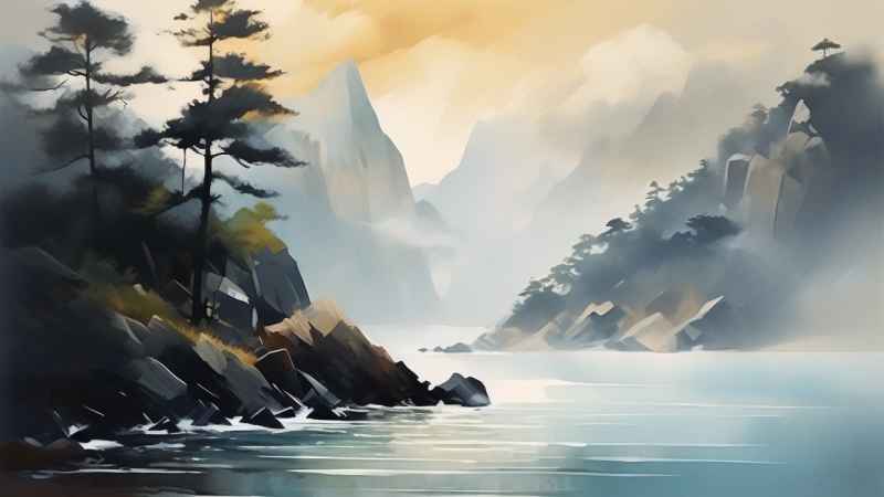 雾气缭绕水墨山水画简约风格 51