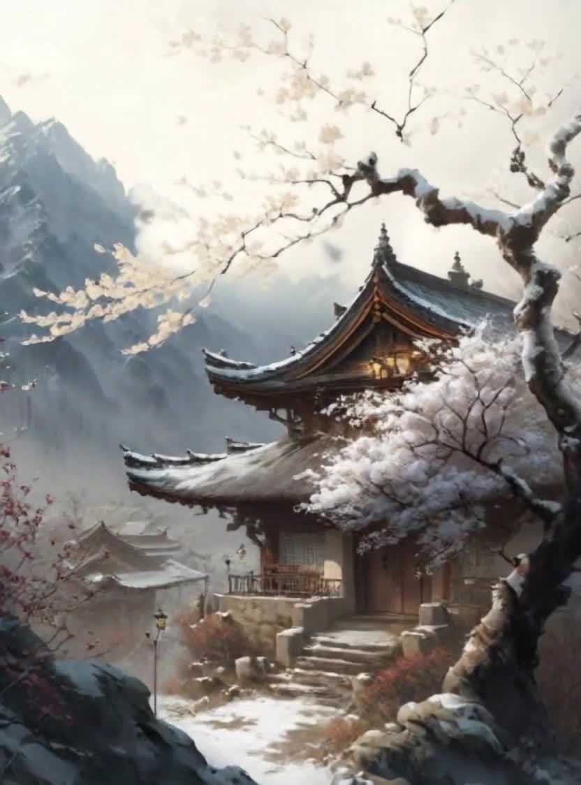 雪山下的中式庭院，樱花树与古建筑交相辉映