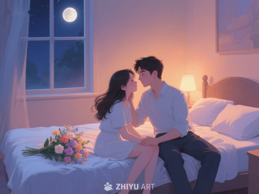 月夜温馨时刻，情侣床边相拥 1163