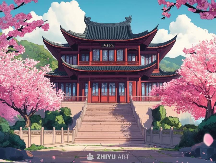 一座具有古代中国风格的豪宅，背景是樱花。建筑物是红
