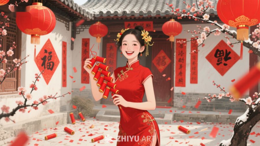女子身着红裙手持鞭炮庆祝新春 687
