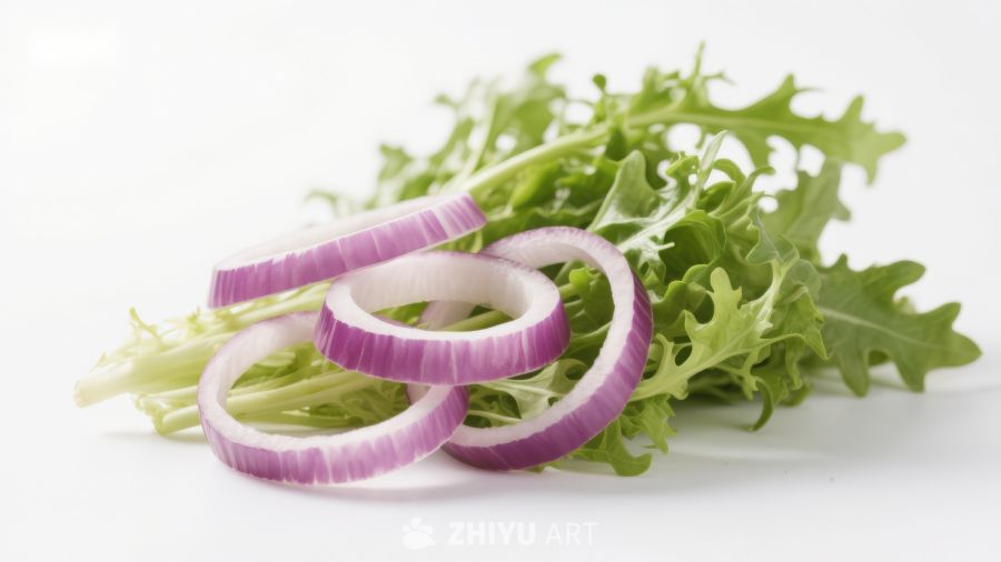 紫洋葱圈与绿叶蔬菜