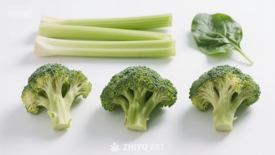 新鲜西兰花与芹菜茎摆拍