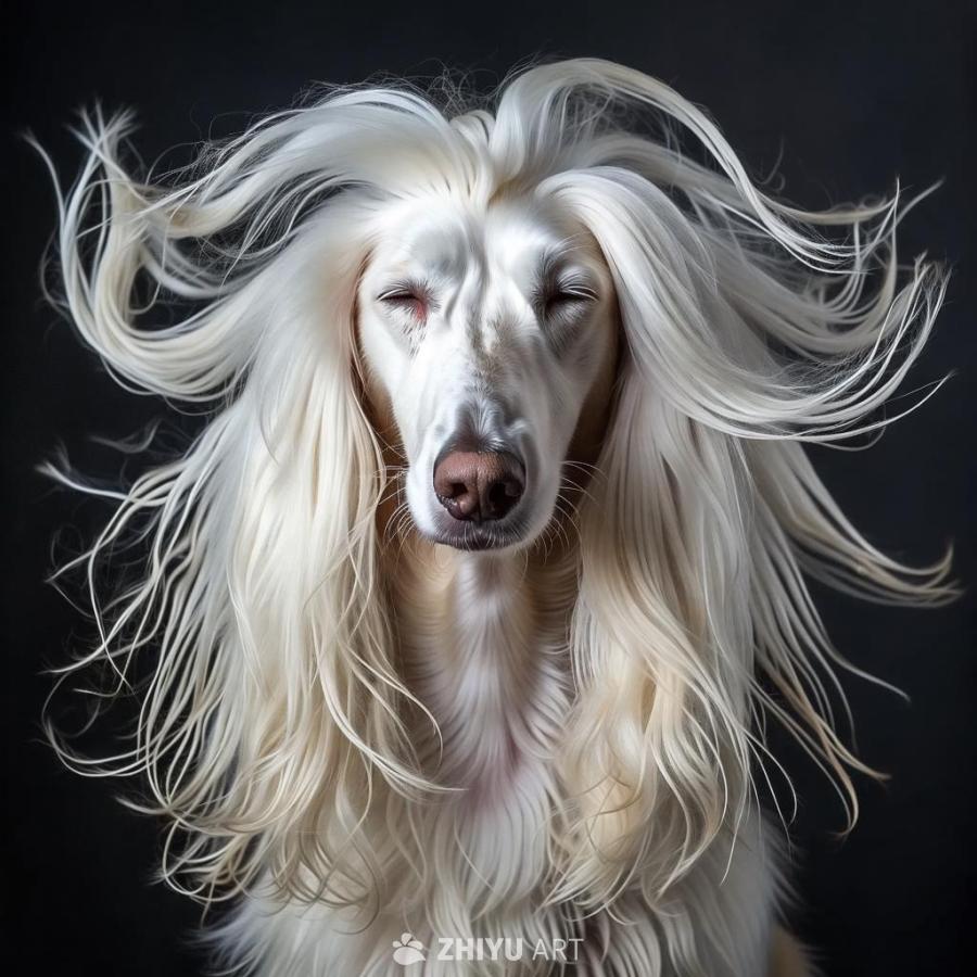 一只白色的阿富汗猎犬闭着眼睛坐着，毛发在大风中飘动