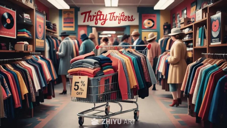 拥挤的旧货店里，一辆装满衣服的购物车，挂着55%的