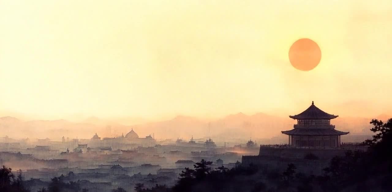 一轮红日悬挂在画面右上角，天空呈现暖色渐变。远处的