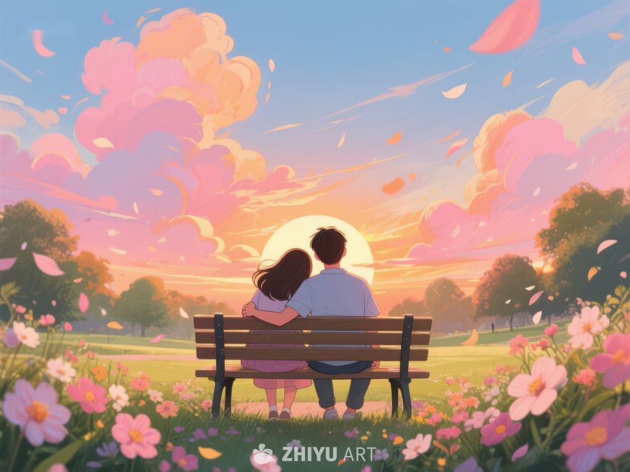 夕阳下公园长椅上的恋人 930