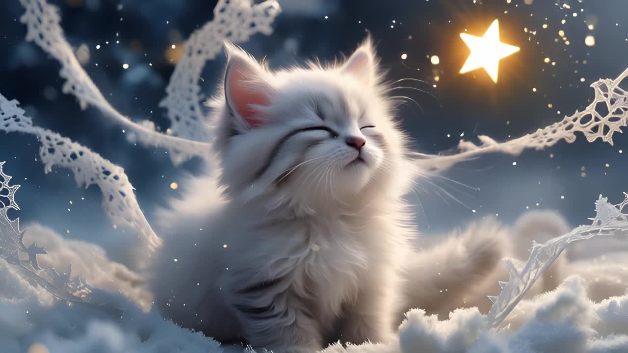 一只白色的小猫闭着眼睛向上看，上方有一颗星星在发光
