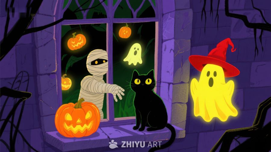 万圣节夜景：幽灵、木乃伊与黑猫