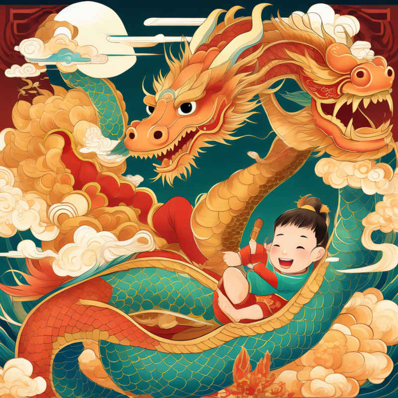 小孩骑着中国龙，中国龙年新年插画 1