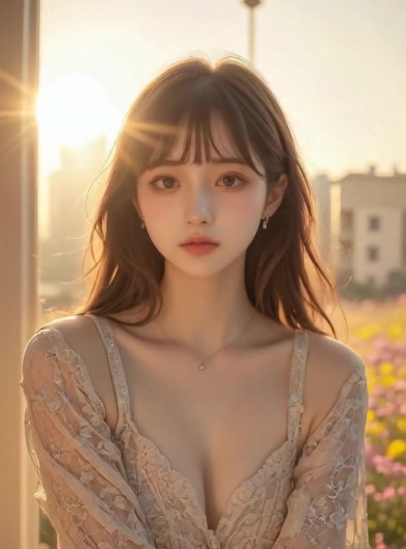 阳光下蕾丝少女恬静微笑漫步花田小清新写真