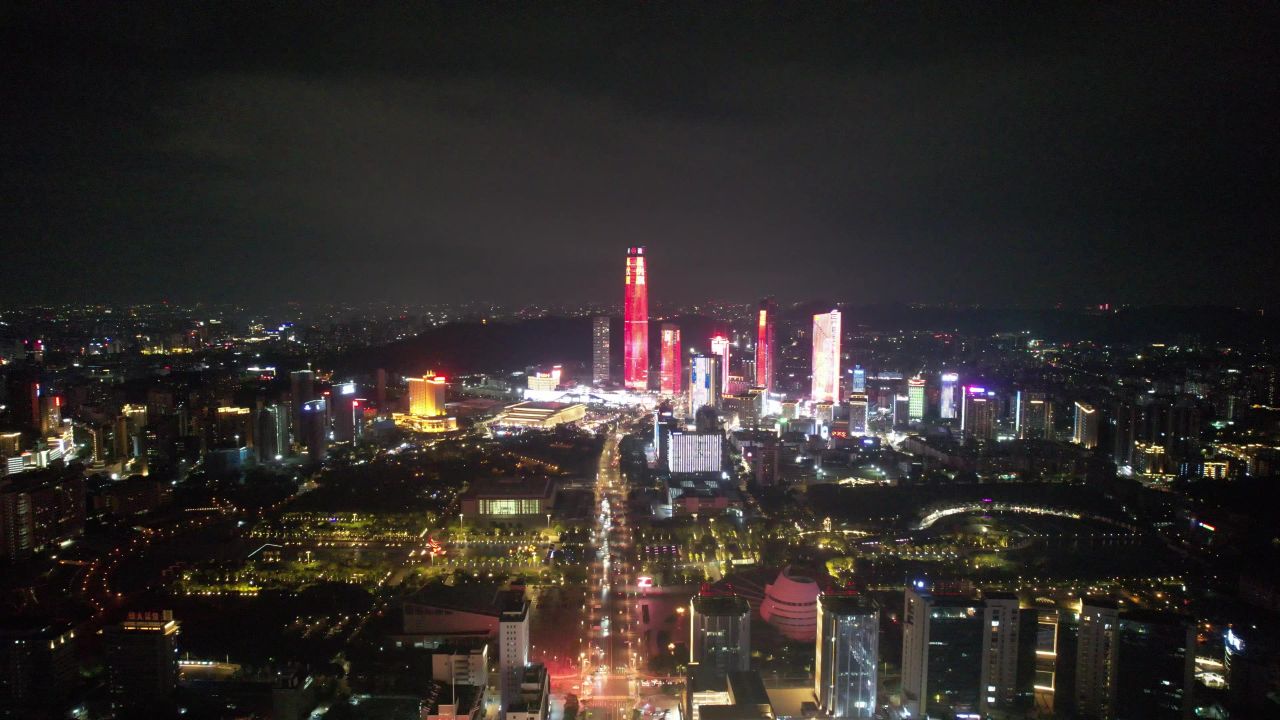 广东东莞鸿福路CBD城市夜景灯光航拍 