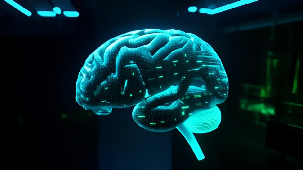 一个发光的合成大脑漂浮在一个黑暗的高科技实验室中。
