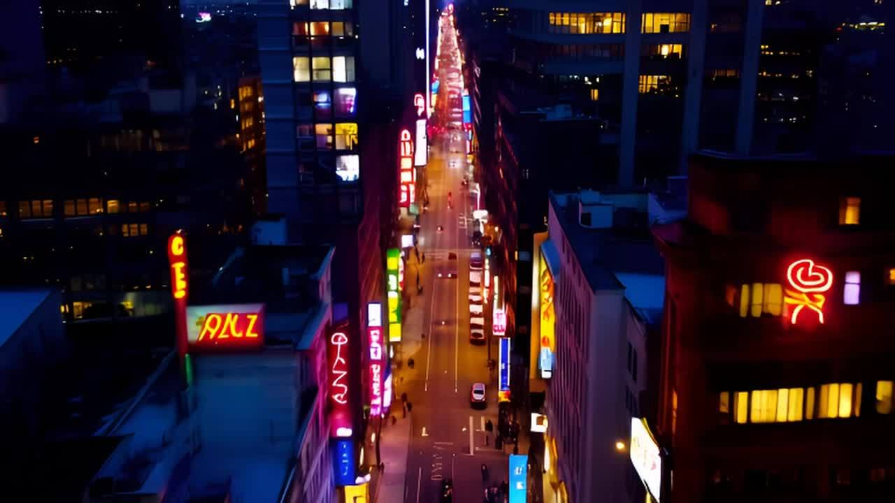 夜晚，从高角度拍摄的城市景观，霓虹灯和发光的窗户照