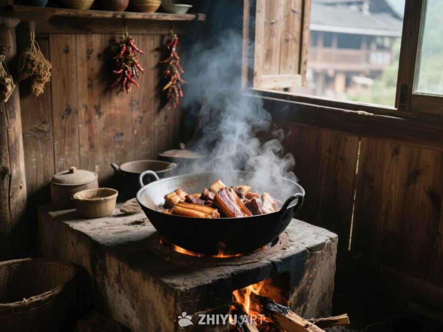 传统厨房中火上烹饪的美食 65