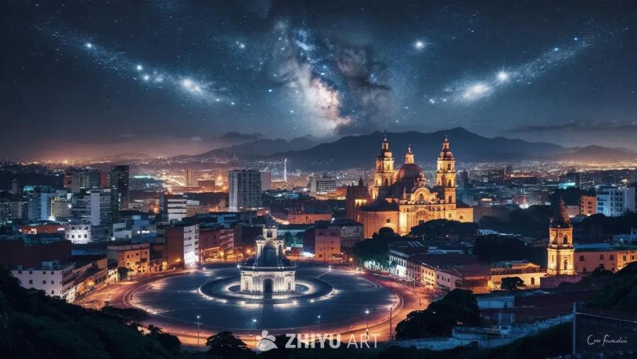 委内瑞拉科罗市的夜景，从上方俯瞰。城市沐浴在灯光中