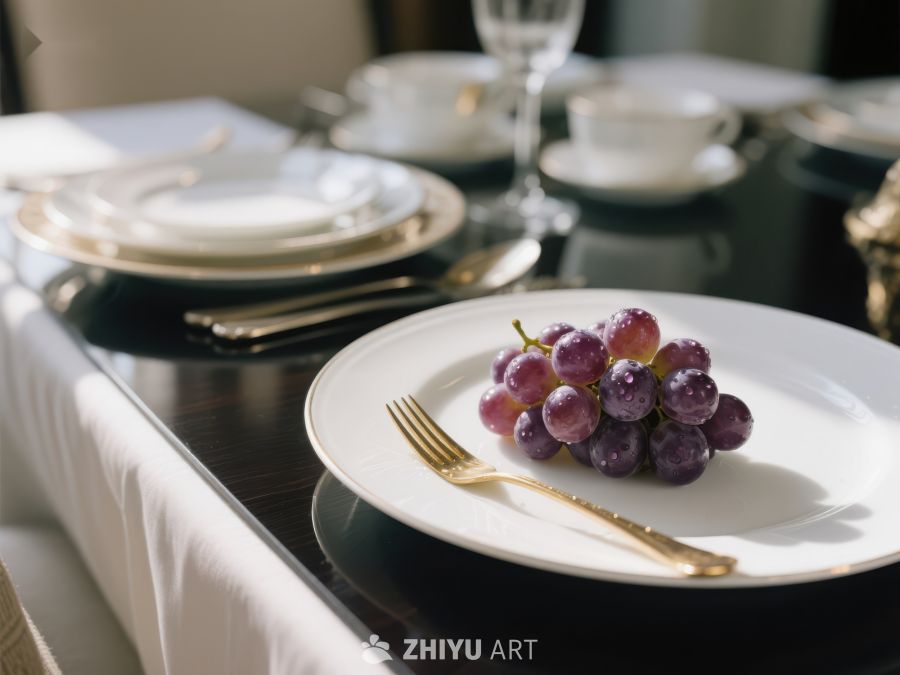 精致餐桌上的葡萄与餐具 324