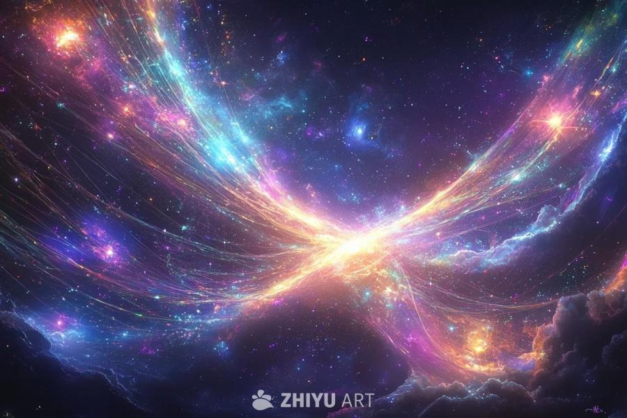 一个全息宇宙展开，闪烁而发光的细丝连接着充满活力的