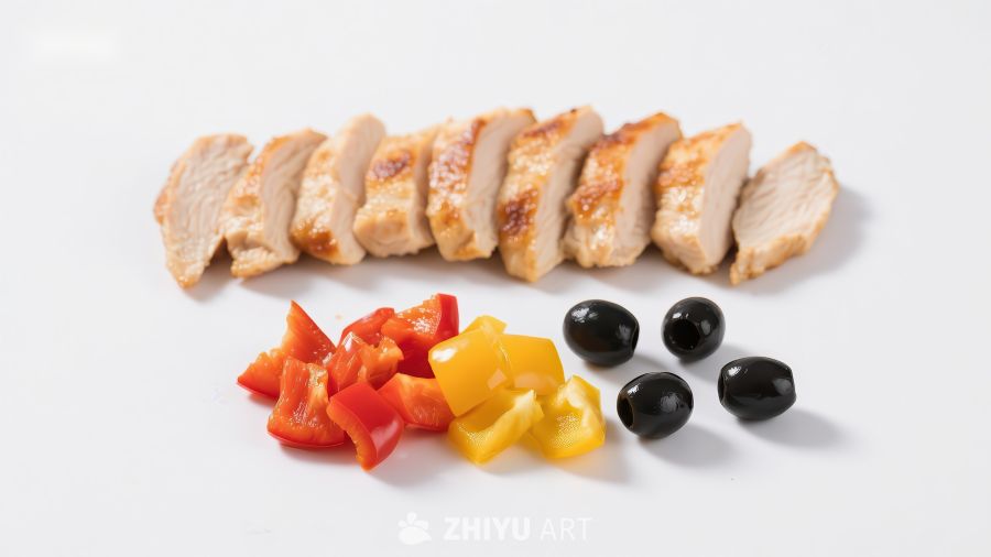 切片鸡肉配彩椒与黑橄榄