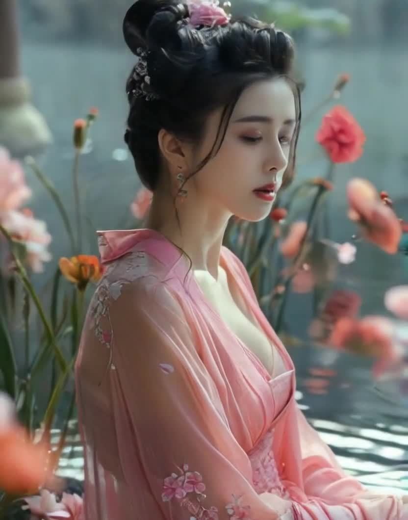 一位女子穿着粉色古装，发髻高耸，头饰精致。她位于水