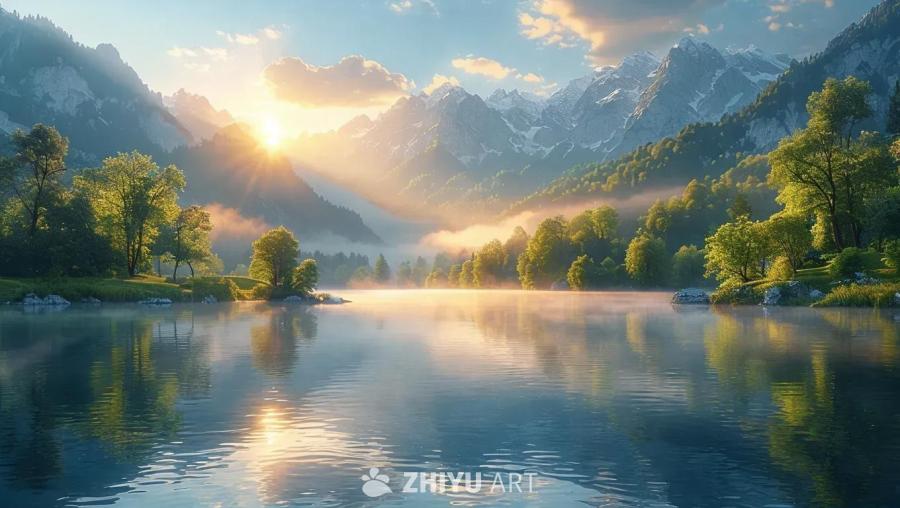 湖面平静，倒映着天空中的云彩。远处的山峰被白雪覆盖