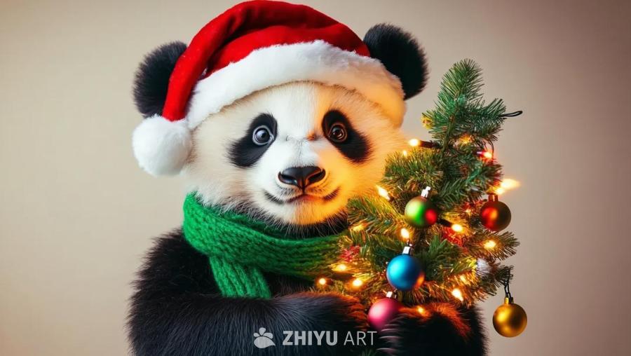 一只熊猫戴着红色圣诞帽，围着绿色围巾，抱着一棵装饰