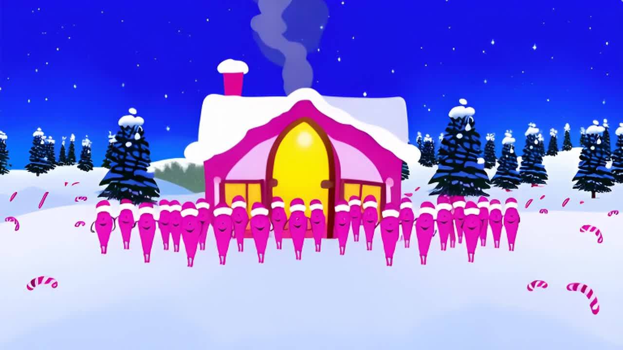 雪地上站着一群粉红色的胡萝卜人，他们戴着圣诞帽。在