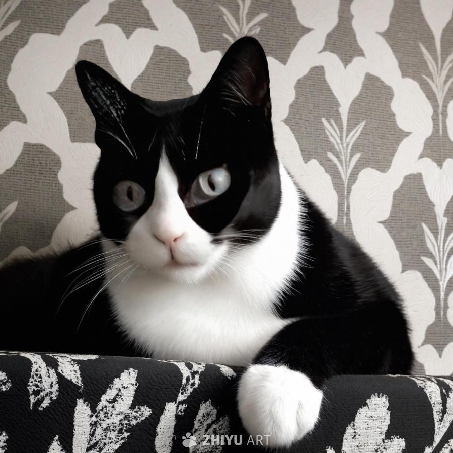 一只黑白相间的猫坐在墙上，墙上可能是花卉壁纸。 猫