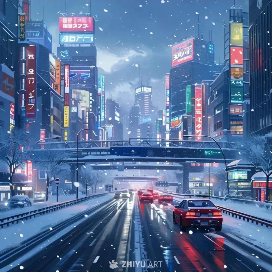 中午时分，繁忙的高速公路上正下着雪。霓虹灯招牌和高
