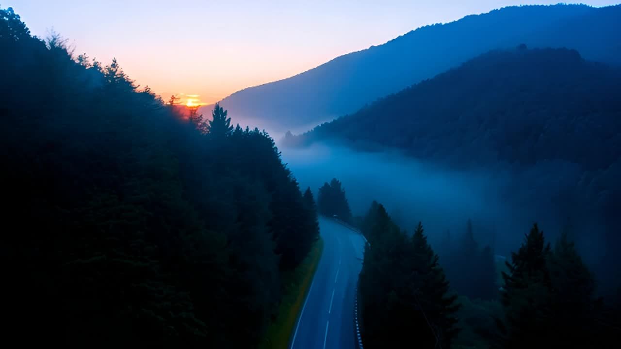 森林在一天中的蓝色时刻，小雨和小雾笼罩着高山公路。