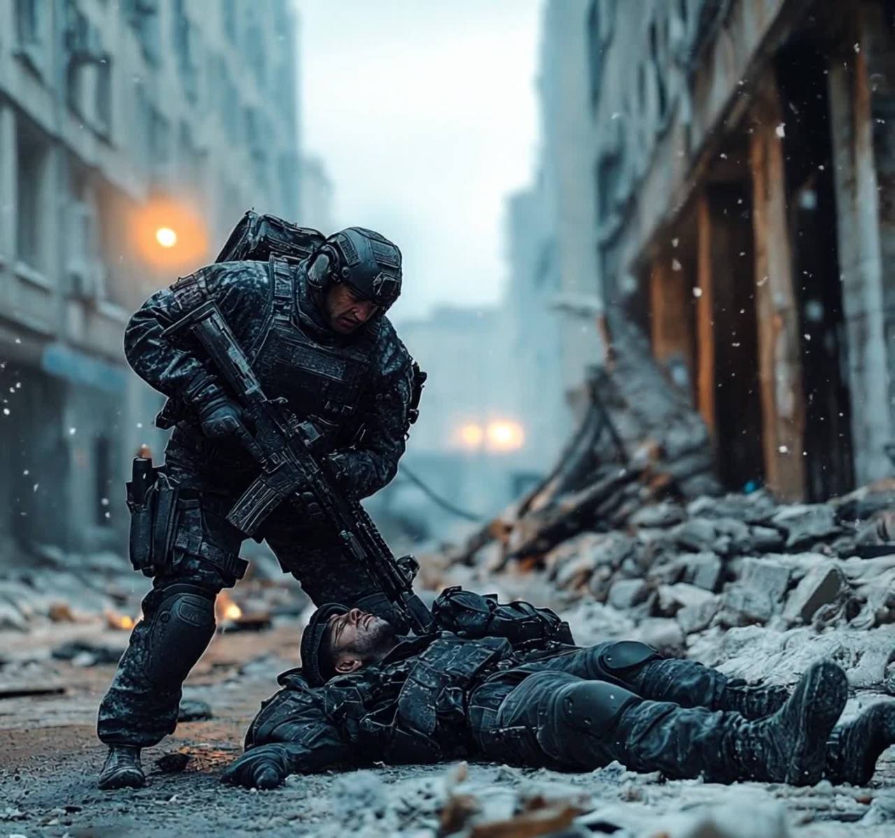 一名士兵站在倒在地上的另一名士兵身旁。第一名士兵穿