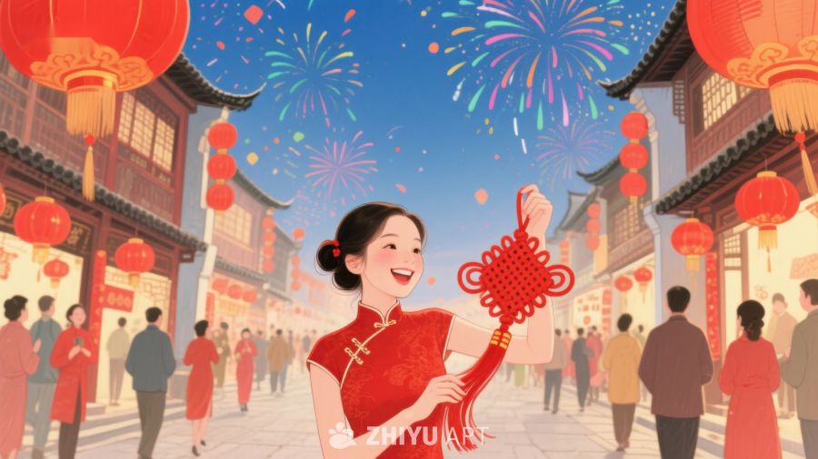 欢庆春节，女子手持中国结 369