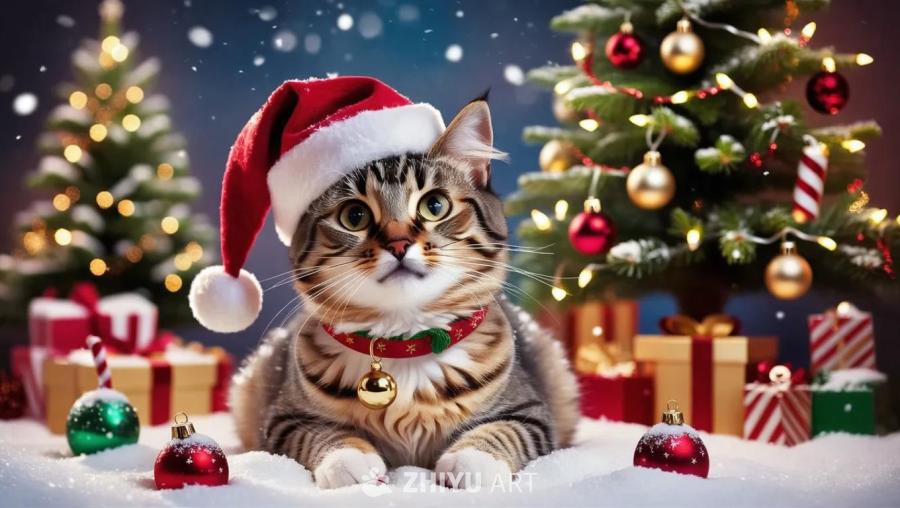 一只戴着圣诞帽和铃铛项圈的猫舒适地坐在新下的雪堆上