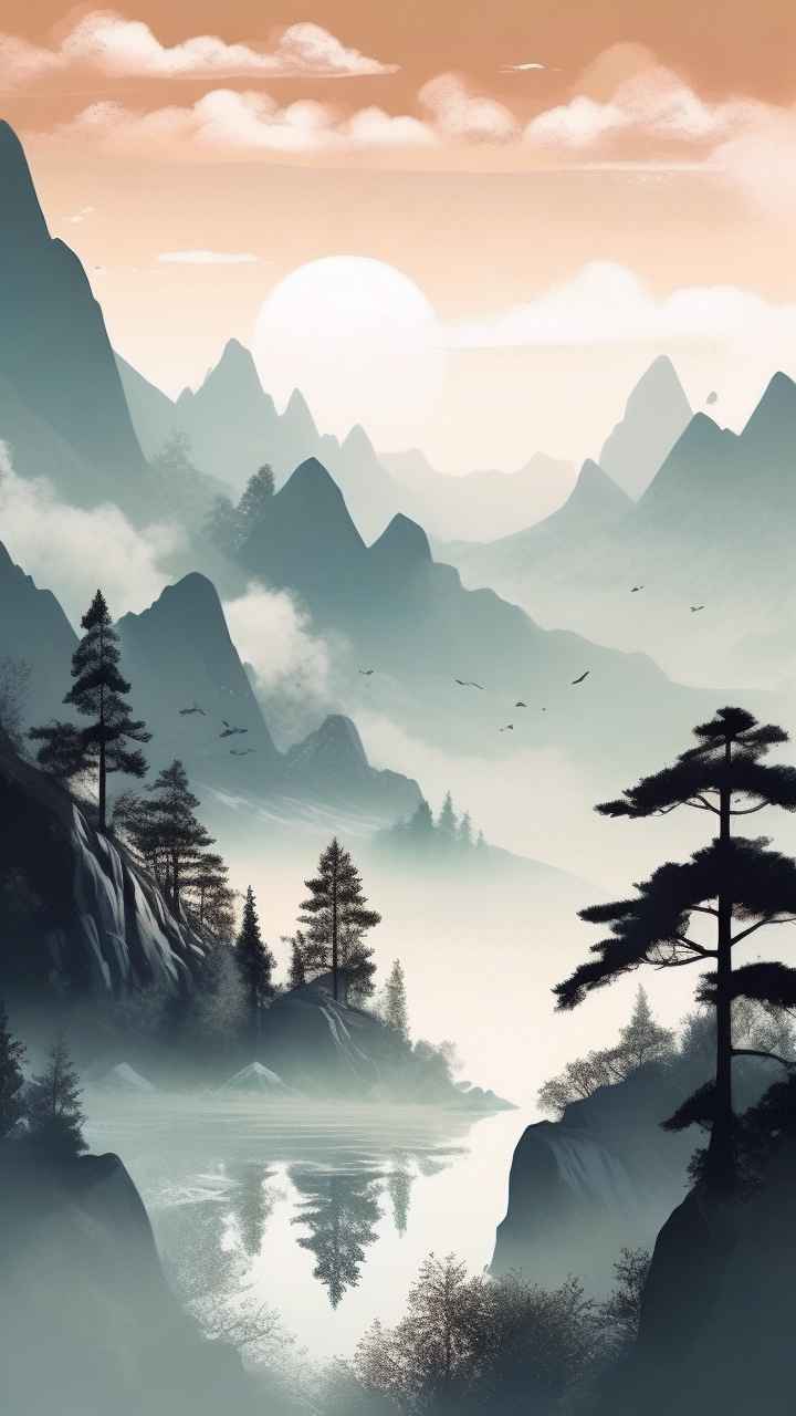国风水彩画山水风景插画 26