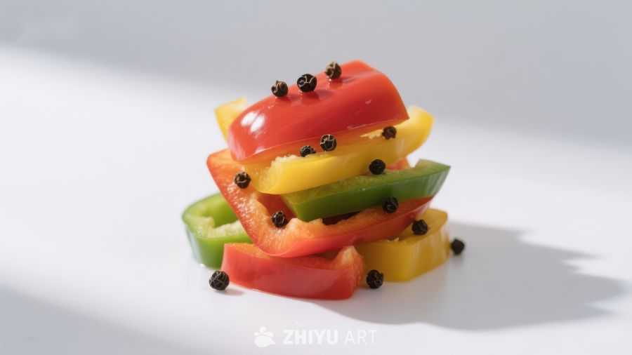 彩椒堆叠装饰黑胡椒粒
