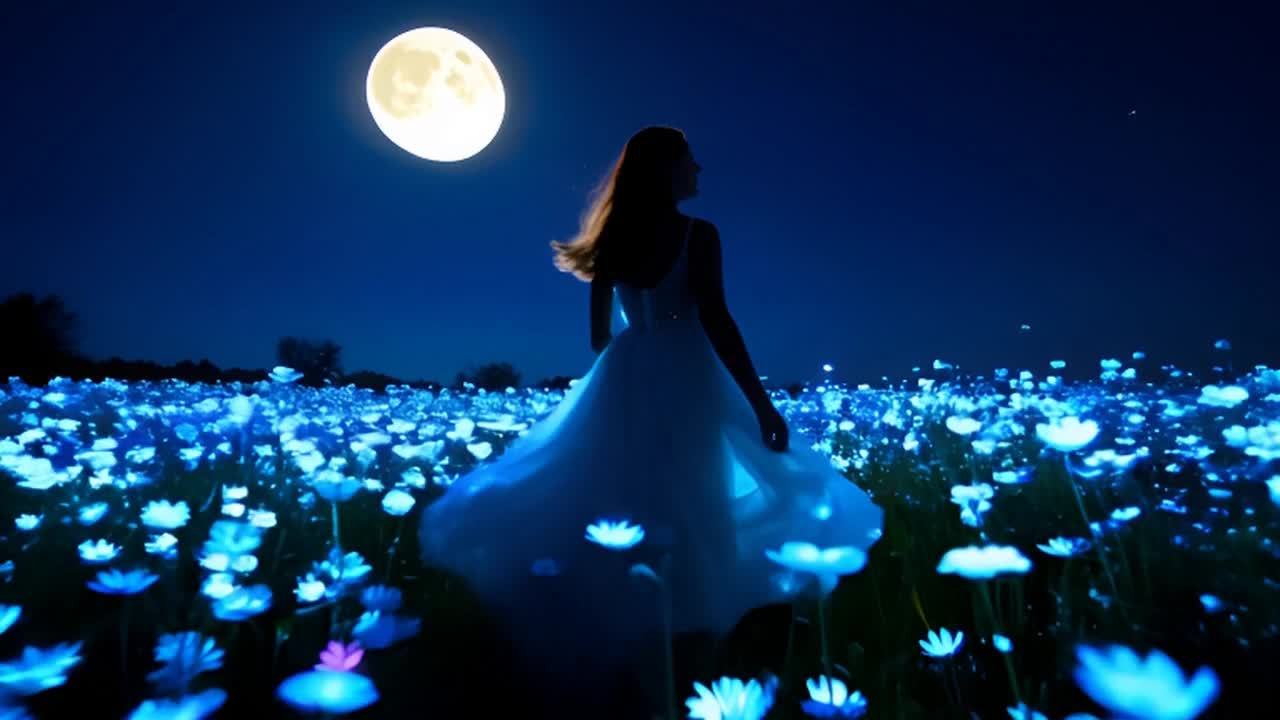 在夜晚的森林中，一位身穿白色连衣裙的女子走过开满蓝