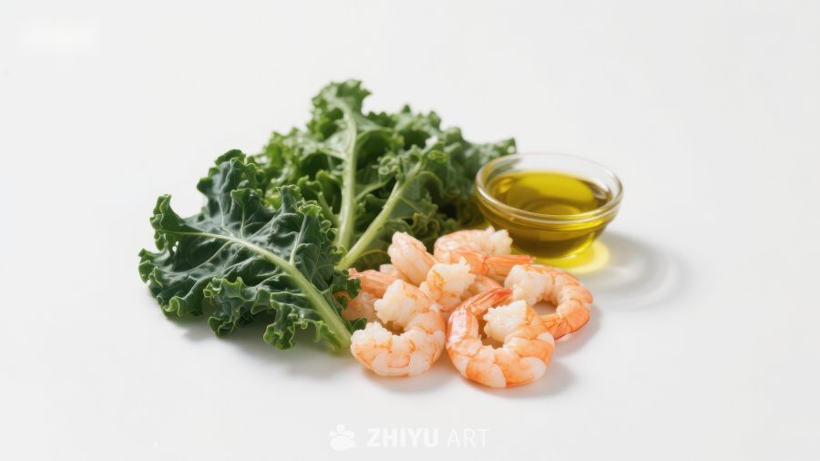新鲜虾仁、羽衣甘蓝与橄榄油
