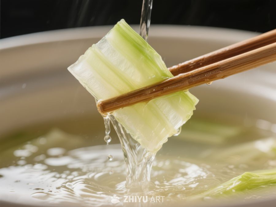 筷子夹起热汤中的青菜 337