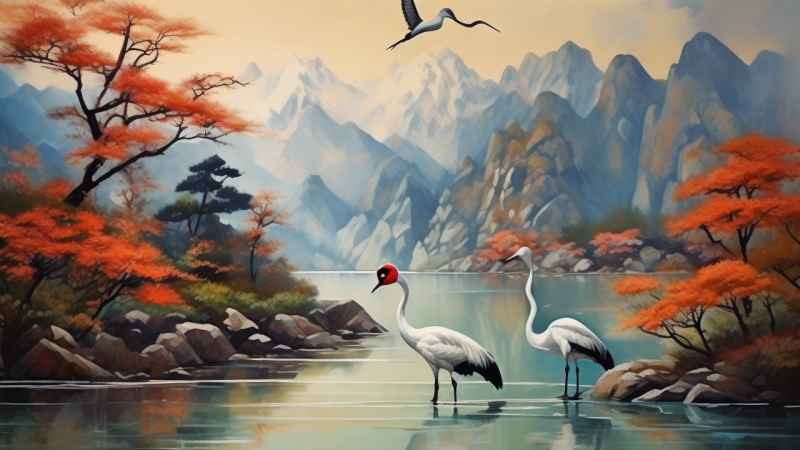 国风山水鹤插画背景 46