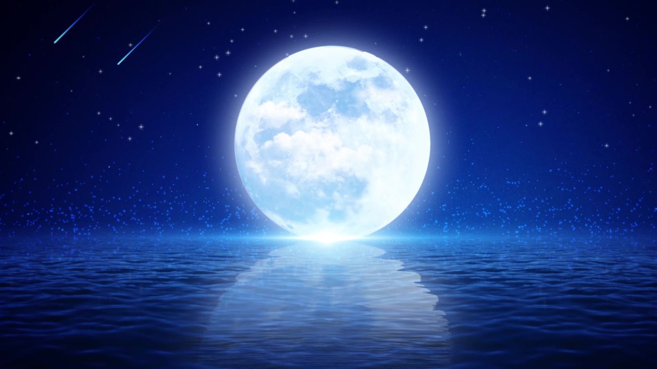 唯美大海上升月亮白月光蓝色夜空圆月明月大屏幕舞台LED视频  46